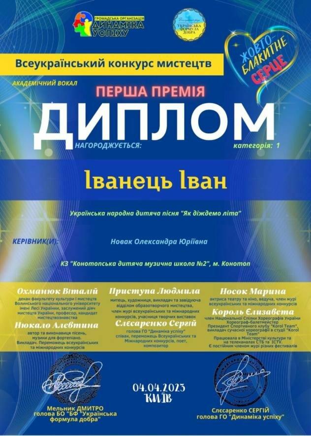 На Всеукраїнському конкурсі мистецтв відзначився юний конотопчанин